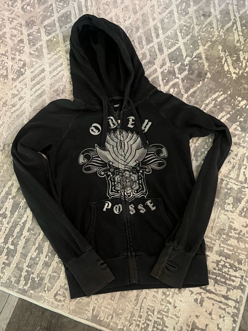 Obey “Washed-Out” Black Zip-Up Hoodie w/ Graphic Lotus